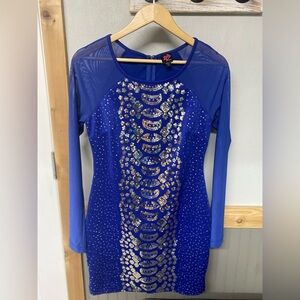 2B Bebe Blue Dress with Gold Accents